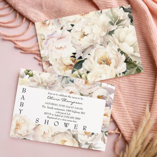 Ivory Peony Floral Neutral Baby Shower 招待状