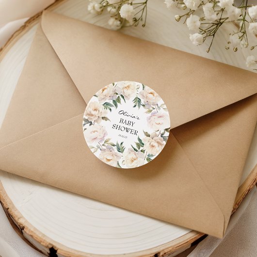 Ivory Peony Floral Neutral Baby Sticker ラウンドシール