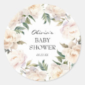 Ivory Peony Floral Neutral Baby Sticker ラウンドシール (正面)