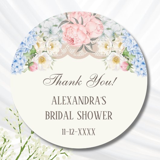 Ivory Peony Hydrangea Bridal Shower Thank You ラウンドシール