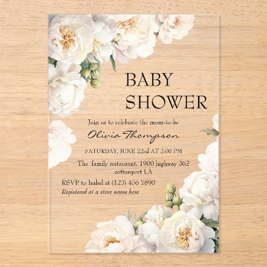 Ivory Peony Neutral Baby Shower アクリル招待状 (正面)