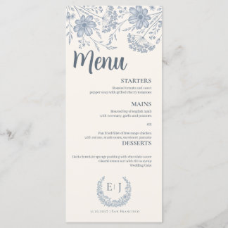 Ivory Periwinkle Wildflower Line Art Wedding Menu メニュー
