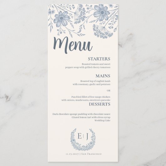 Ivory Periwinkle Wildflower Line Art Wedding Menu メニュー (正面)