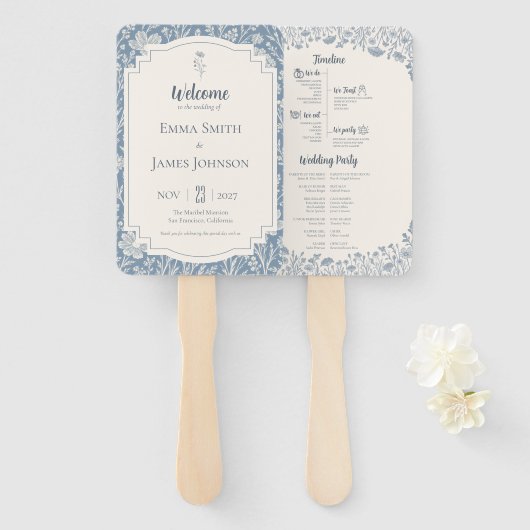 Ivory Periwinkle Wildflower Wedding Program ハンドファン (正面&裏面)