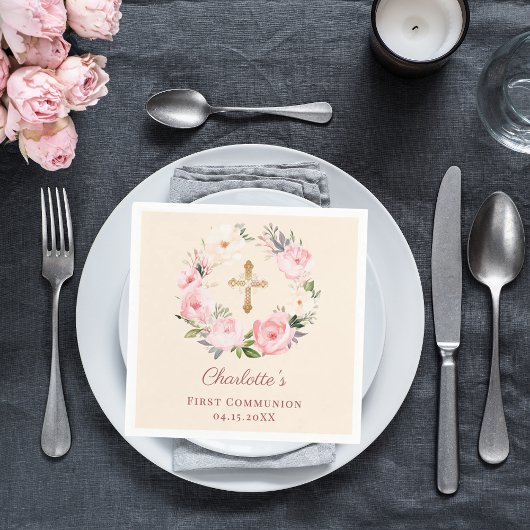 Ivory pink floral wreath First Communion luncheon スタンダードランチョンナプキン