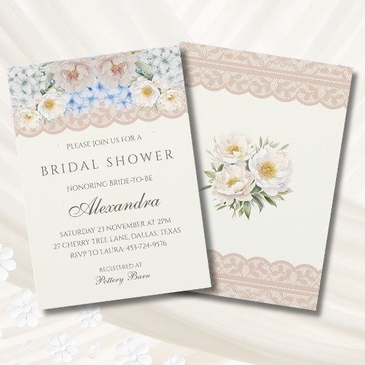 Ivory Pink Peony Blue Hydrangea Bridal Shower 招待状