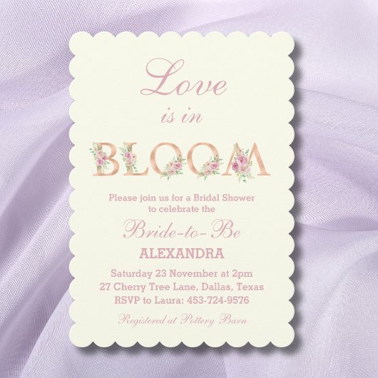 Ivory Pink Roses Love is in Bloom Bridal Shower 招待状