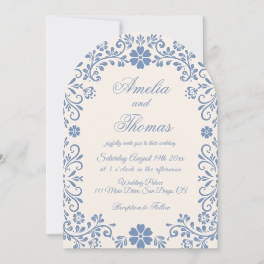 Ivory Powder Blue Whimsical Wedding Invitation 招待状 (正面)