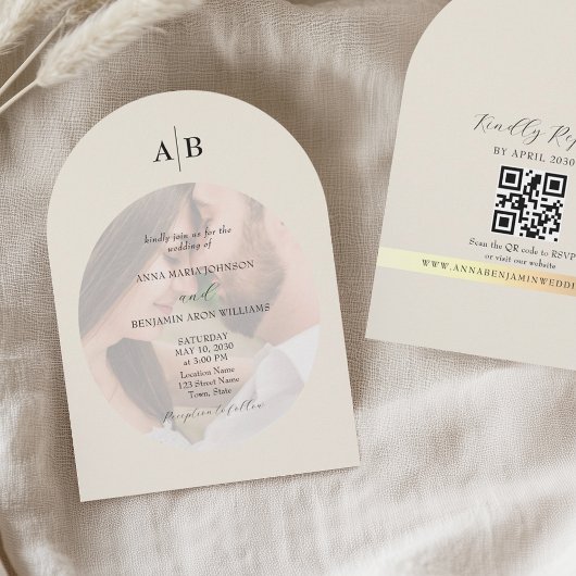Ivory QR Code and Monogram Photo Wedding 招待状