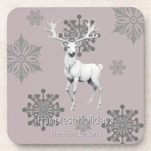 Ivory Reindeer Christmas | Pink Personalized コースター (正面)