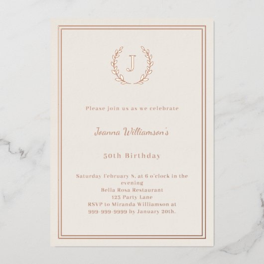 Ivory rose gold monogrammed wreath birthday 箔招待状 (正面)