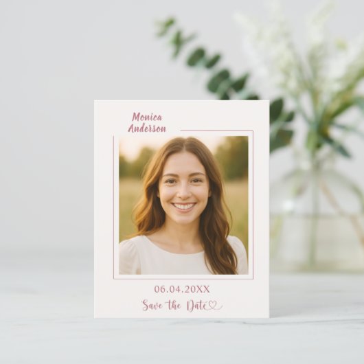 Ivory rose gold photo birthday Save the Date card (スタンド正面)