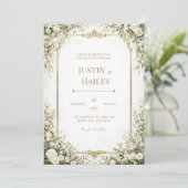 Ivory Rose Ornate Gold Border Wedding 招待状 (スタンド正面)