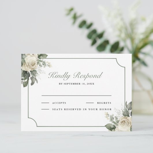 Ivory Rose Sage Green Floral Wedding 出欠カード (スタンド正面)