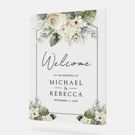 Ivory Rose Sage Green Floral Wedding Welcome アクリルサイン (傾斜)
