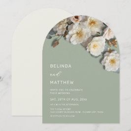 Ivory Roses 3D Flowers Sage Green Arch Wedding 招待状