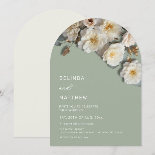 Ivory Roses 3D Flowers Sage Green Arch Wedding 招待状 (正面/裏面)