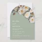 Ivory Roses 3D Flowers Sage Green Arch Wedding 招待状 (正面)