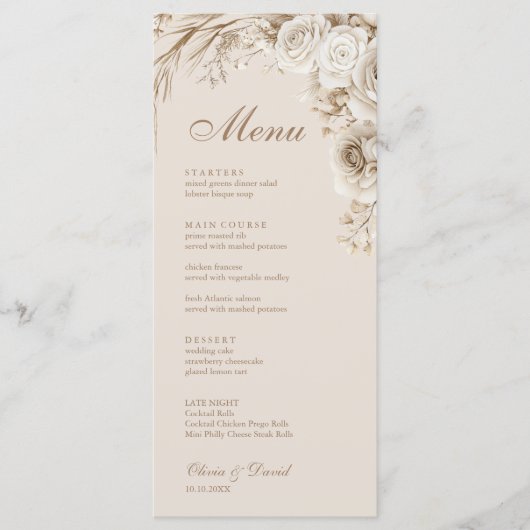 Ivory Roses Beige Wedding Menu Card メニュー (正面)
