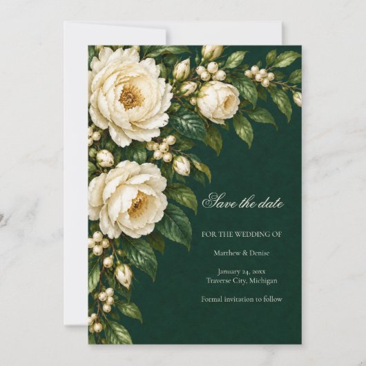 Ivory Roses & Emerald Winter Save the Date 招待状 (正面)