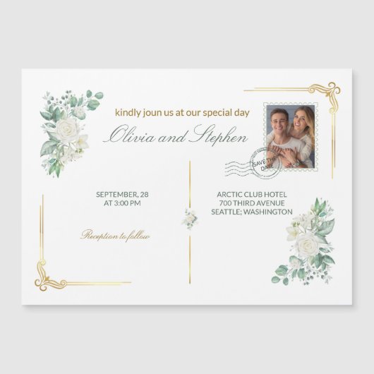 Ivory Roses floral Save the Date Magnet card (正面)