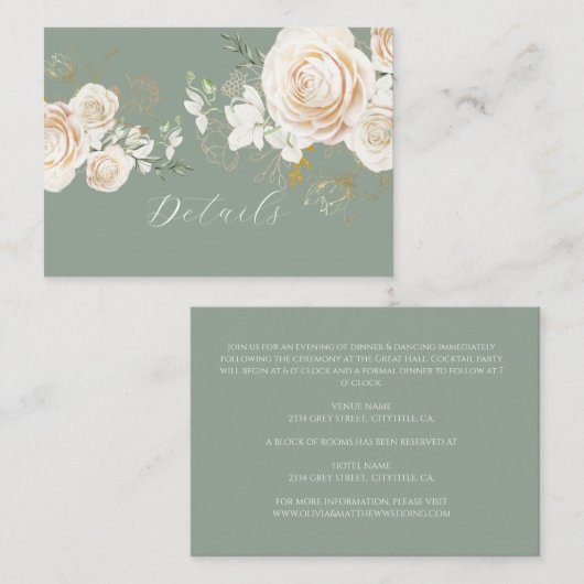  Ivory Roses Sage Green Floral  Elegant Wedding  エンクロージャーカード (正面/裏面)