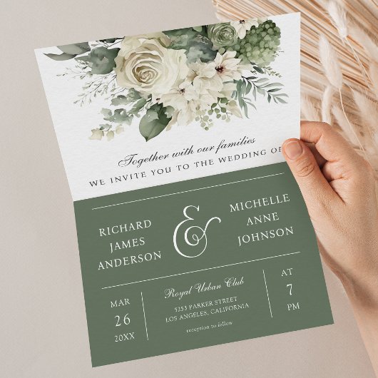 Ivory Roses Sage Green Floral QR Code Wedding 招待状