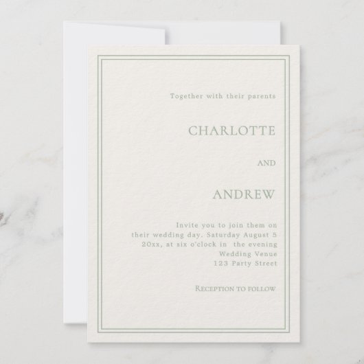 Ivory sage green elegant simple high-end wedding 招待状 (正面)