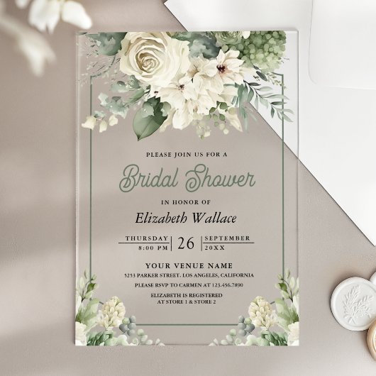 Ivory Sage Green Floral Bridal Shower アクリル招待状