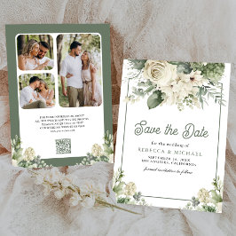 Ivory Sage Green Floral QR Code Photo Wedding セーブザデート