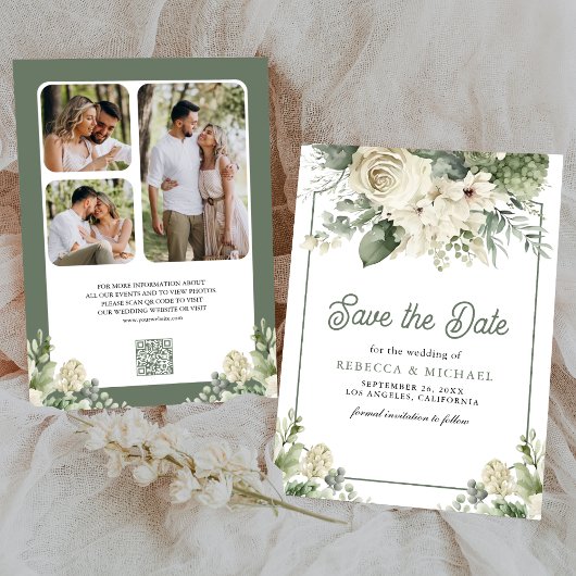 Ivory Sage Green Floral QR Code Photo Wedding セーブザデート