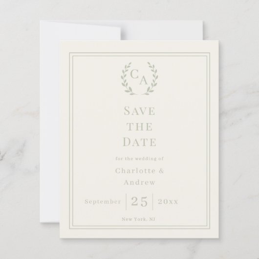 Ivory sage green monogram wedding Save the Date (正面)