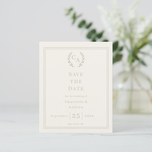 Ivory sage green monogram wedding Save the Date (スタンド正面)