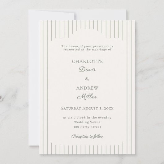 Ivory Sage Green Pinstriped elegant Wedding  招待状 (正面)