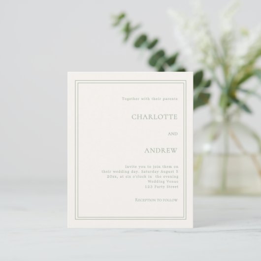 Ivory sage green simple luxury wedding invitation (スタンド正面)