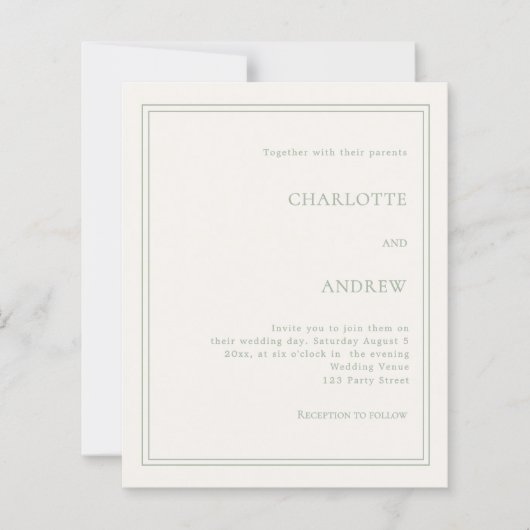Ivory sage green simple luxury wedding invitation (正面)
