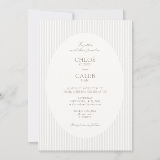 Ivory & Sand | Stripe Botanical Oval Wedding 招待状 (正面)