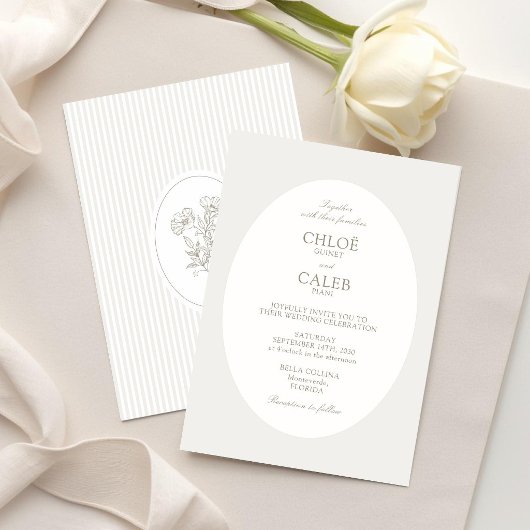 Ivory & Sand | Stripe Botanical Oval Wedding 招待状