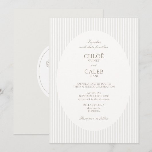 Ivory & Sand | Stripe Botanical Oval Wedding 招待状 (正面/裏面)