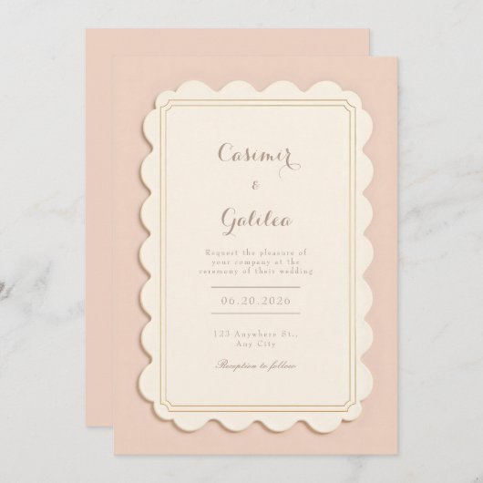 Ivory Scalloped Gilded Border Minimalist Wedding 招待状 (正面/裏面)