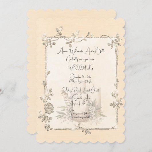 Ivory Shiny Elegant Sparkly Frame Wedding 招待状 (正面/裏面)