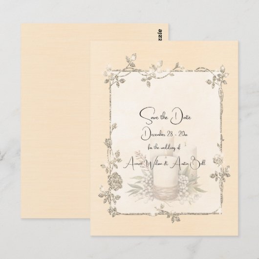 Ivory Shiny Elegant Sparkly Save the Date ポストカード (正面/裏面)