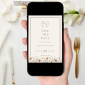 Ivory taupe monogram floral wreath wedding セーブザデート