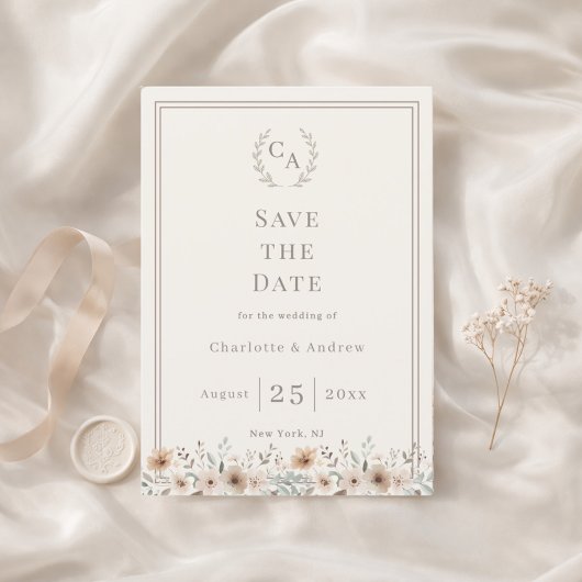 Ivory taupe monogram floral wreath wedding セーブザデート