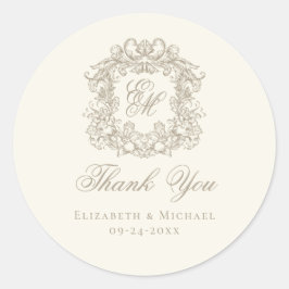 Ivory Taupe Monogram Wedding Crest Thank You ラウンドシール