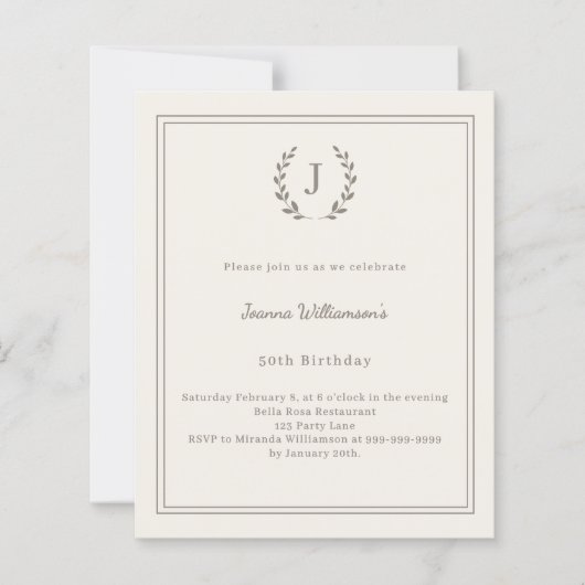 Ivory taupe monogram wreath birthday invitation (正面)