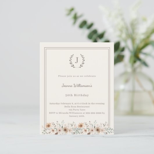 Ivory taupe monogram wreath birthday invitation (スタンド正面)
