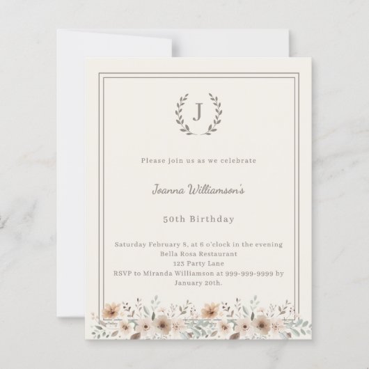 Ivory taupe monogram wreath birthday invitation (正面)