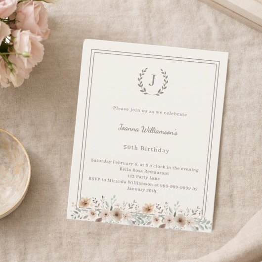 Ivory taupe monogram wreath birthday invitation