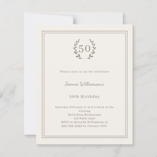 Ivory taupe monogram wreath birthday invitation (正面)